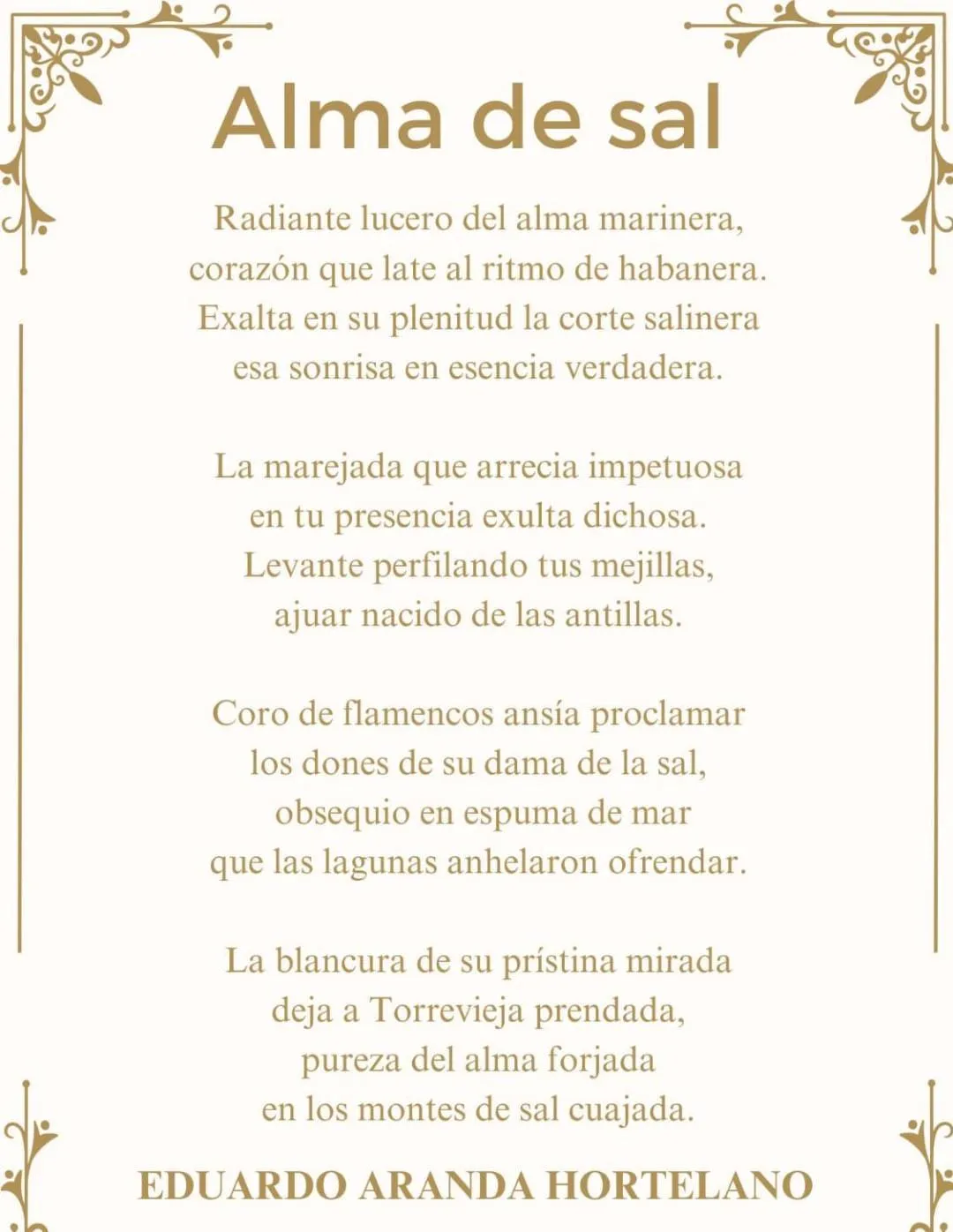 Lámina con la letra completa de «Alma de sal» en letras doradas sobre fondo marfil, con adornos dorados en las esquinas y firmada por Eduardo Aranda Hortelano.