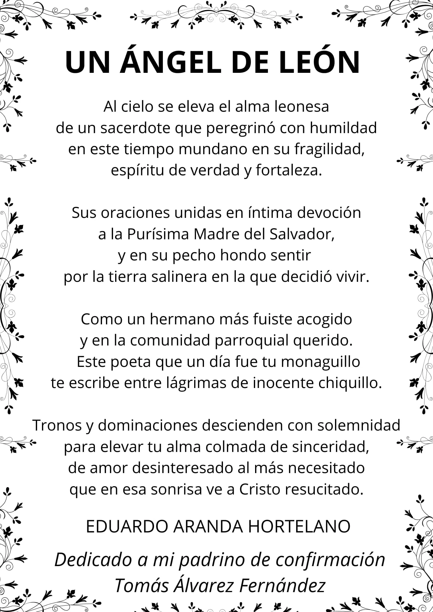 Lámina del poema «Un ángel de León», firmada por Eduardo Aranda Hortelano. Dedicado a mi padrino de confirmación Tomás Álvarez Fernández.