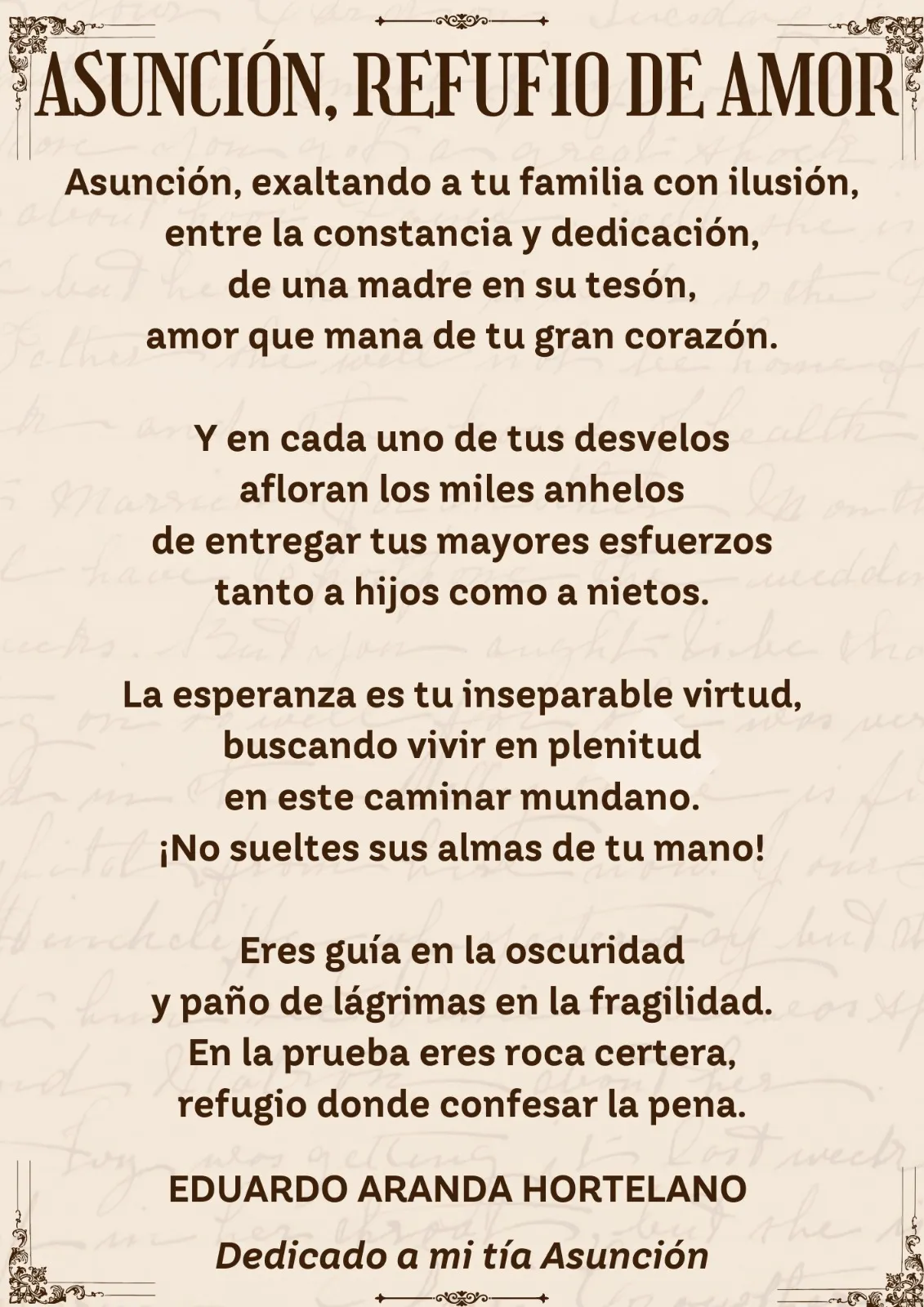 Lámina del poema «Asunción, refugio de amor», firmada por Eduardo Aranda Hortelano. Dedicado a mi tía Asunción.