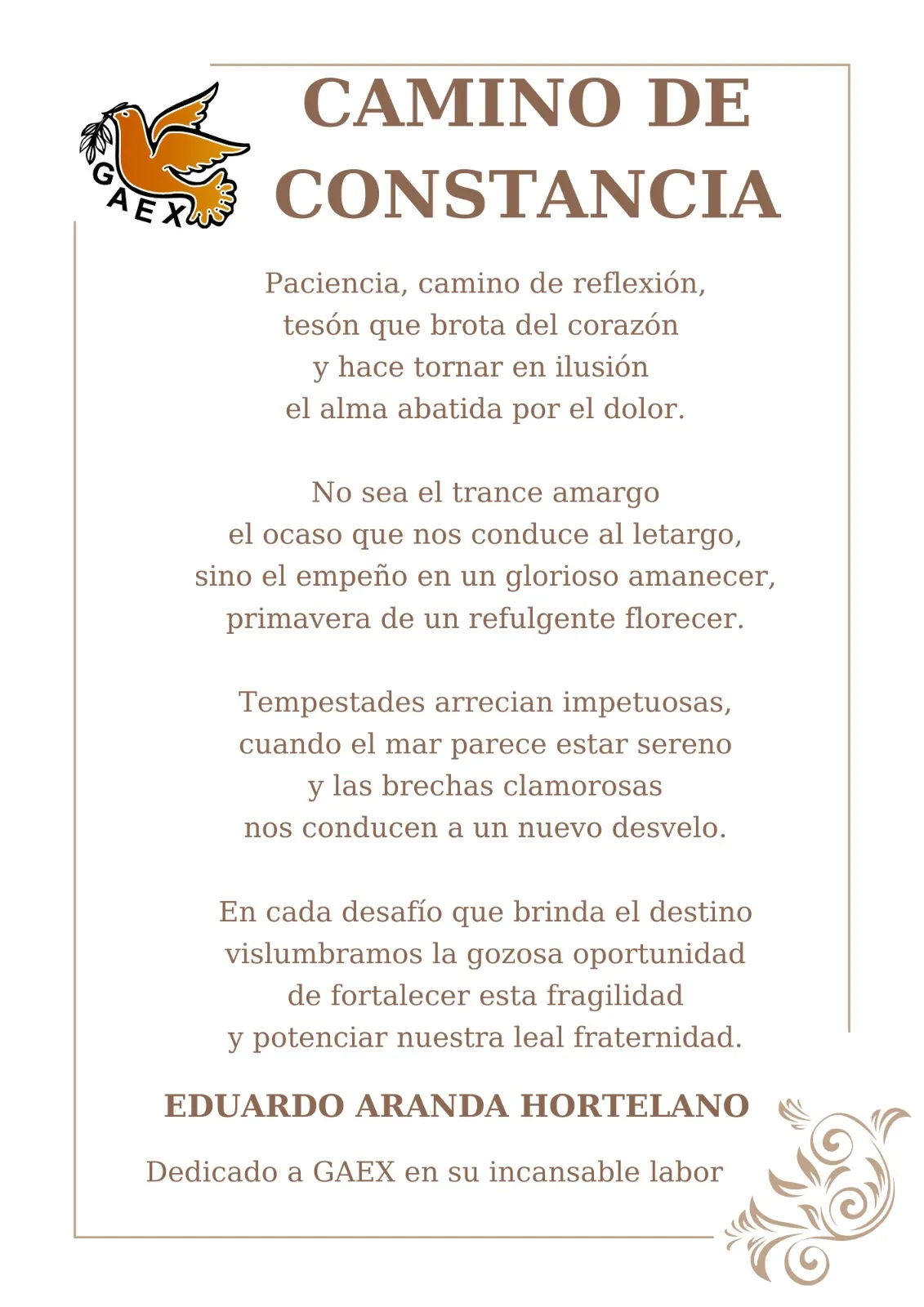 Lámina del poema «Camino de constancia», firmada por Eduardo Aranda Hortelano. Dedicado a GAEX en su incansable labor.