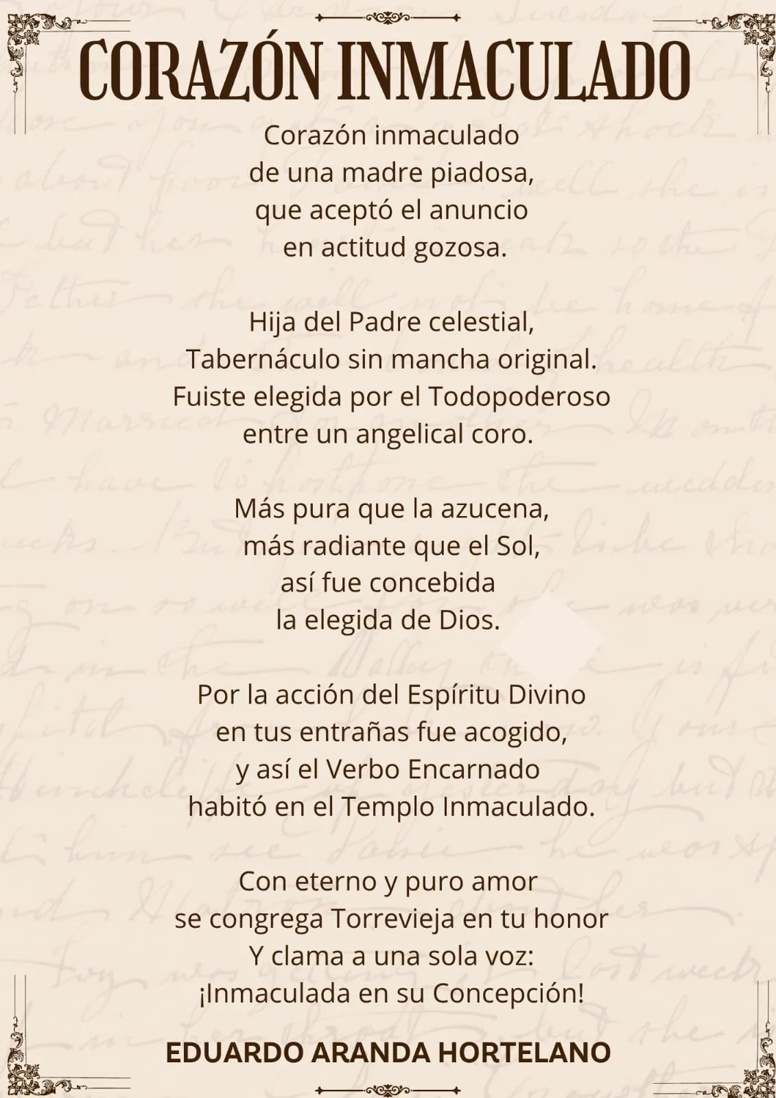Lámina con la letra completa de «Corazón Inmaculado» en letras marrones sobre papel envejecido con caligrafía de fondo, con adornos en las esquinas y firmada por Eduardo Aranda Hortelano.