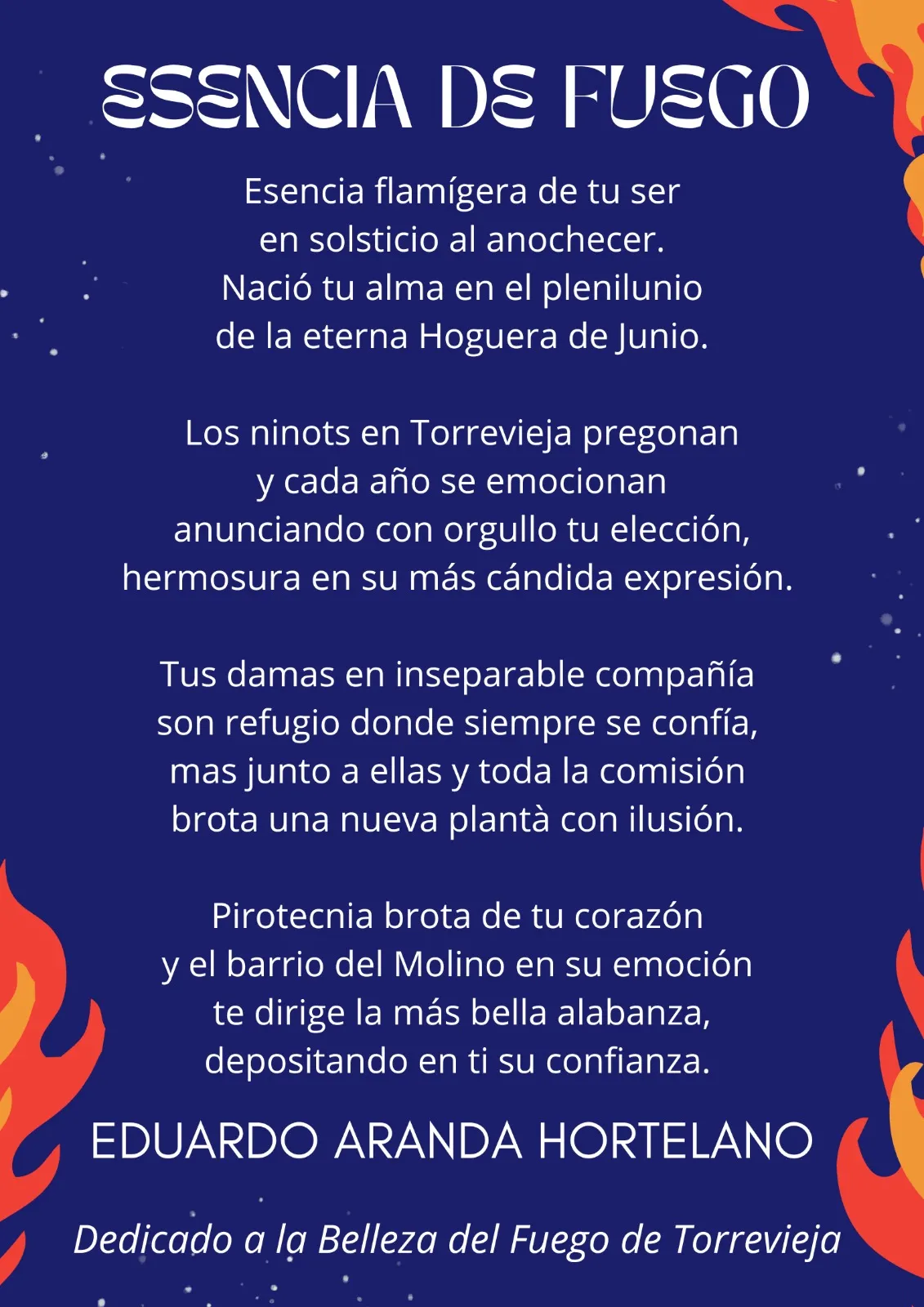 Lámina del poema «Esencia de fuego», firmada por Eduardo Aranda Hortelano. Dedicado a la Belleza del Fuego de Torrevieja.