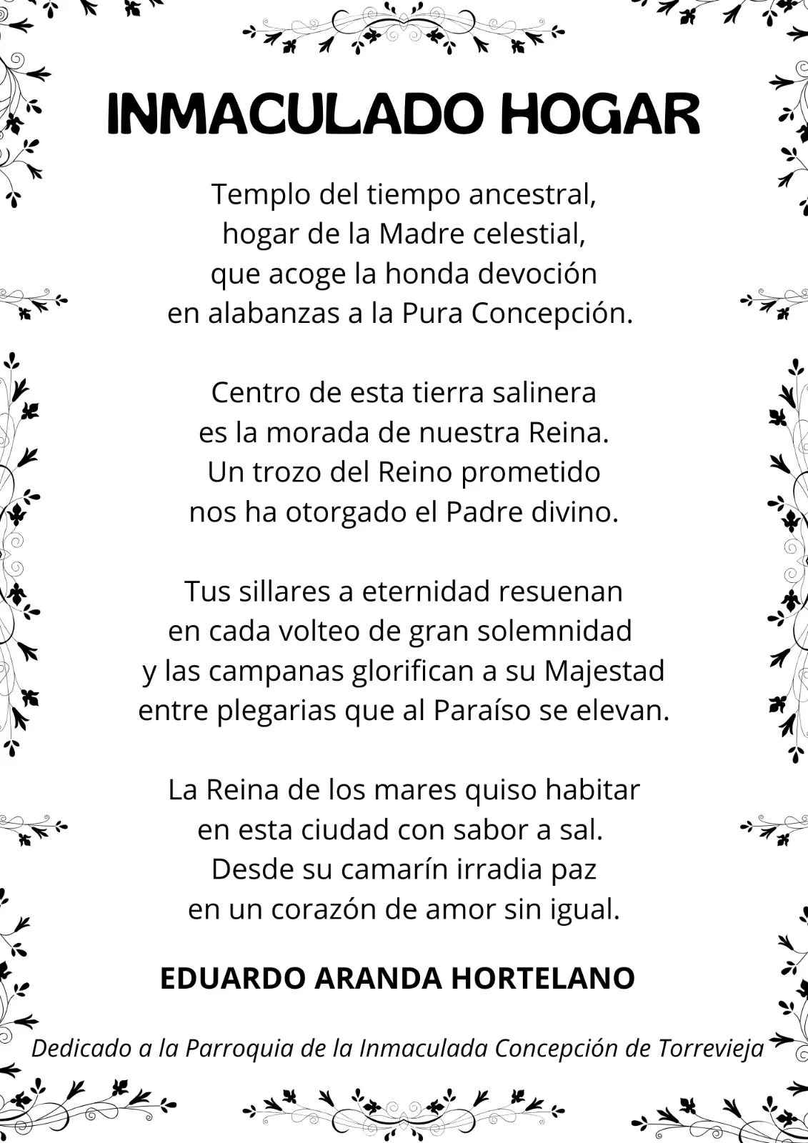 Lámina del poema «Inmaculado hogar», firmada por Eduardo Aranda Hortelano. Dedicado a la Parroquia de la Inmaculada Concepción de Torrevieja.