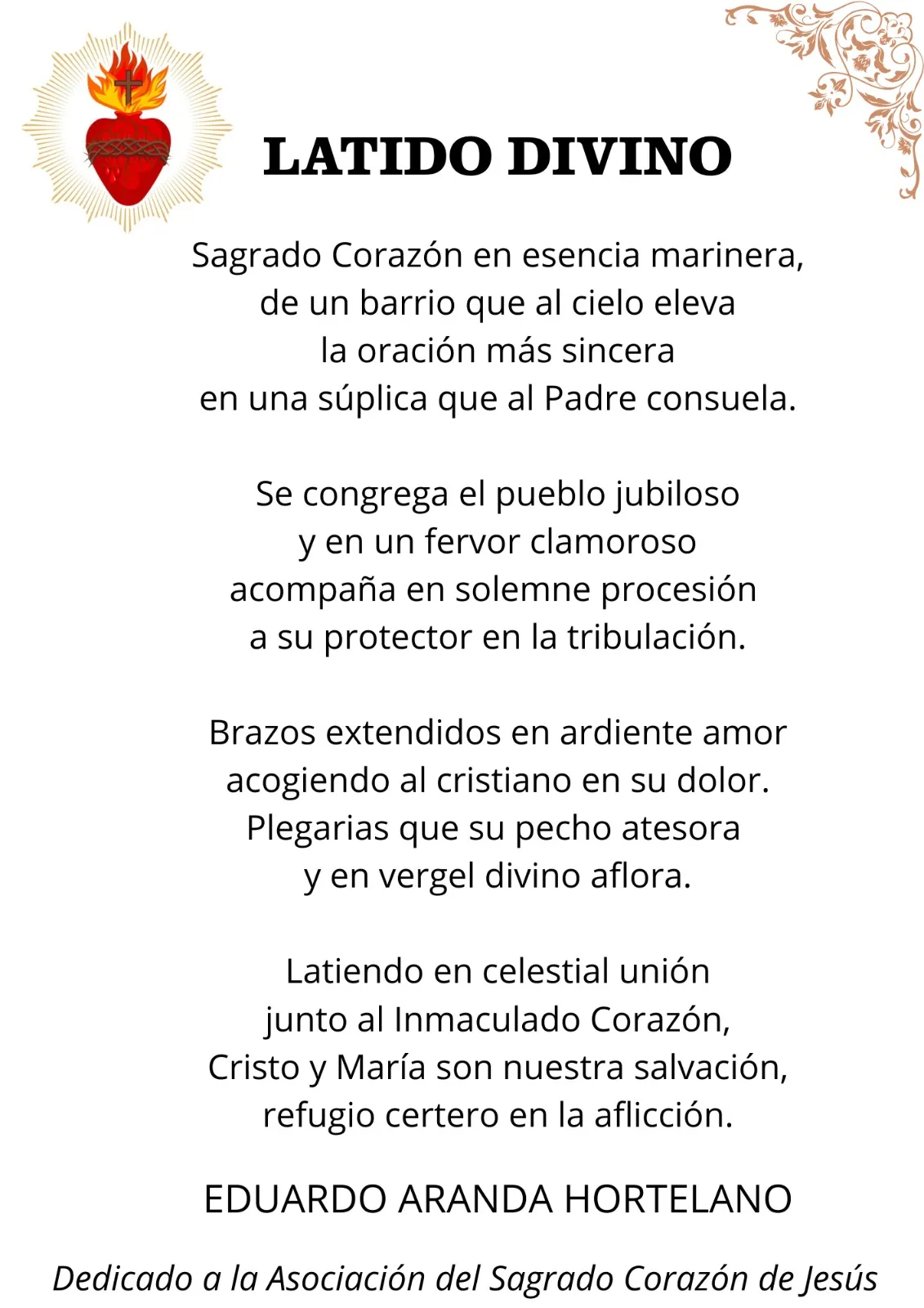 Lámina del poema «Latido divino», firmada por Eduardo Aranda Hortelano. Dedicado a la Asociación del Sagrado Corazón de Jesús.