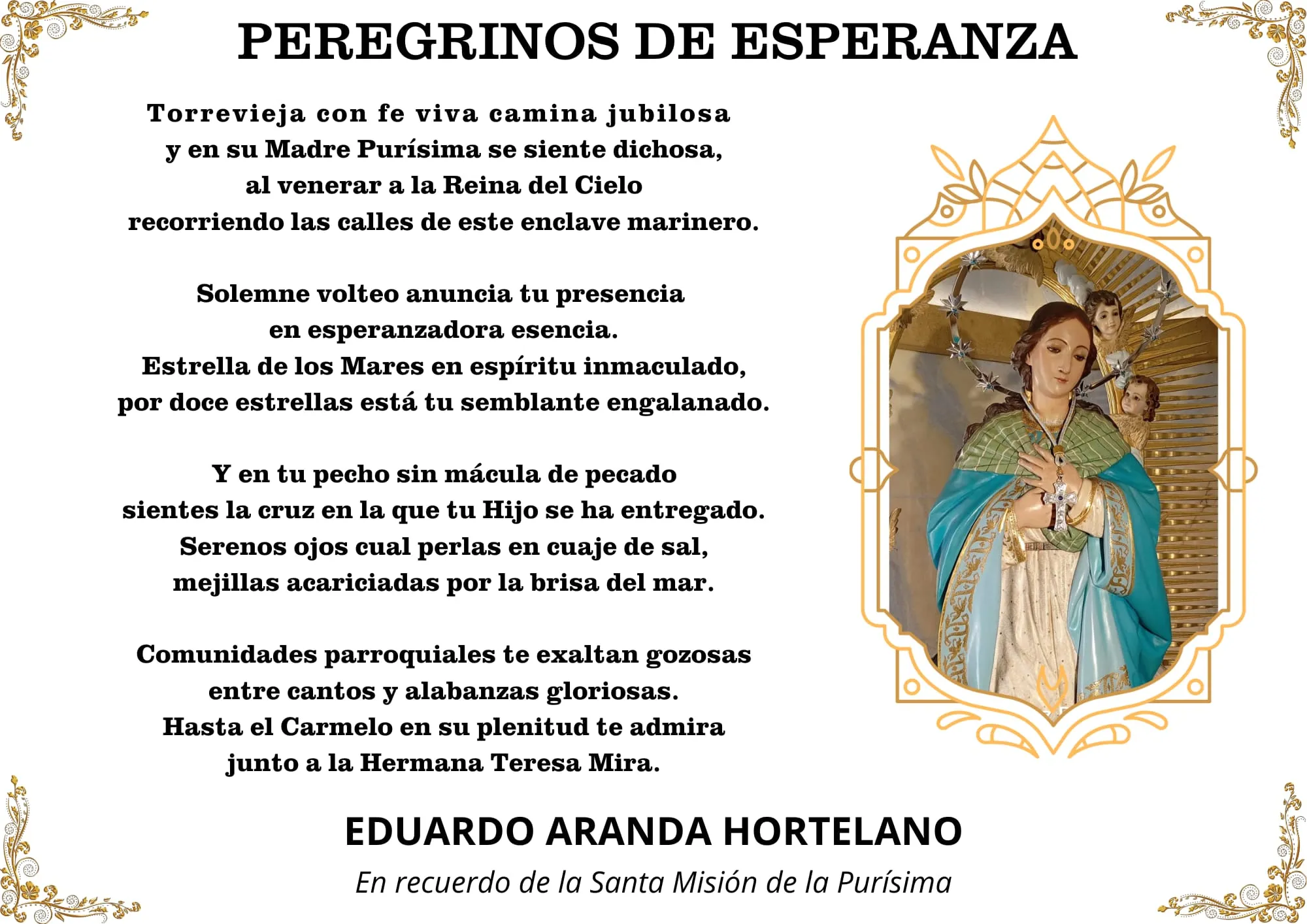 Lámina del poema «Peregrinos de esperanza», firmada por Eduardo Aranda Hortelano. En recuerdo de la Santa Misión de la Purísima.