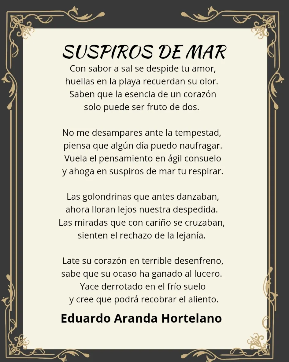Lámina con la letra completa de «Suspiros de mar» sobre fondo crema, enmarcada por una orla dorada sobre gris oscuro y firmada por Eduardo Aranda Hortelano.