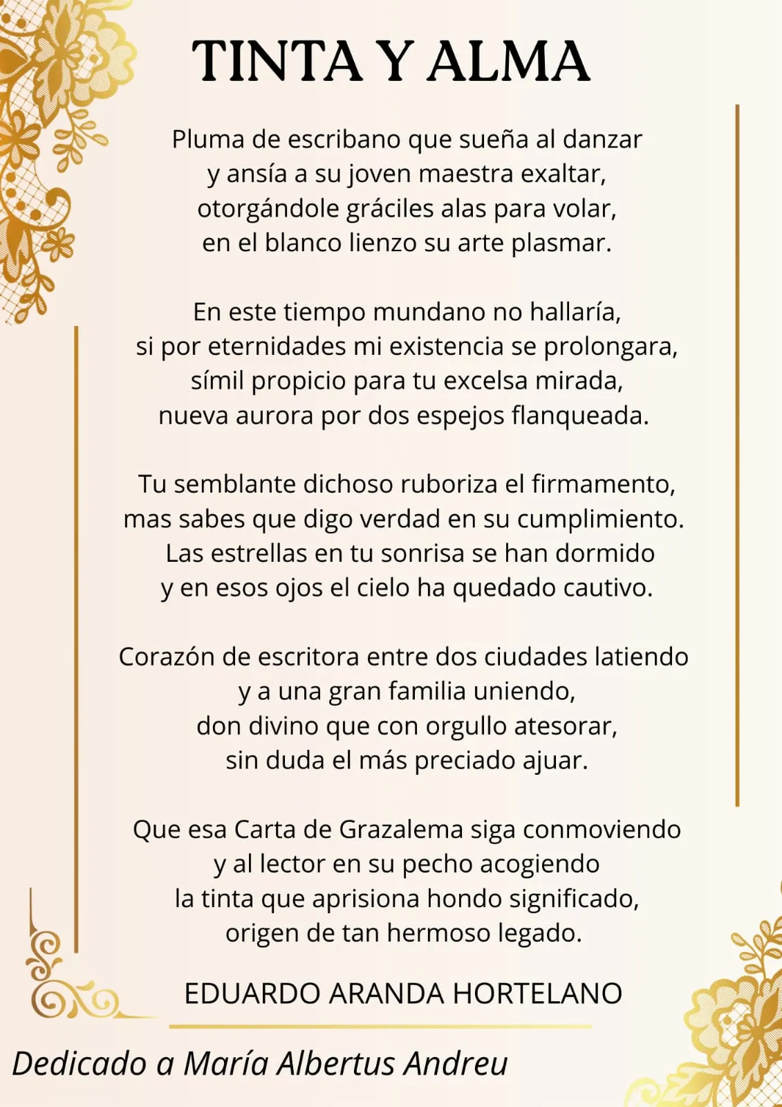 Lámina del poema «Tinta y alma», firmada por Eduardo Aranda Hortelano. Dedicado a María Albertus Andreu.